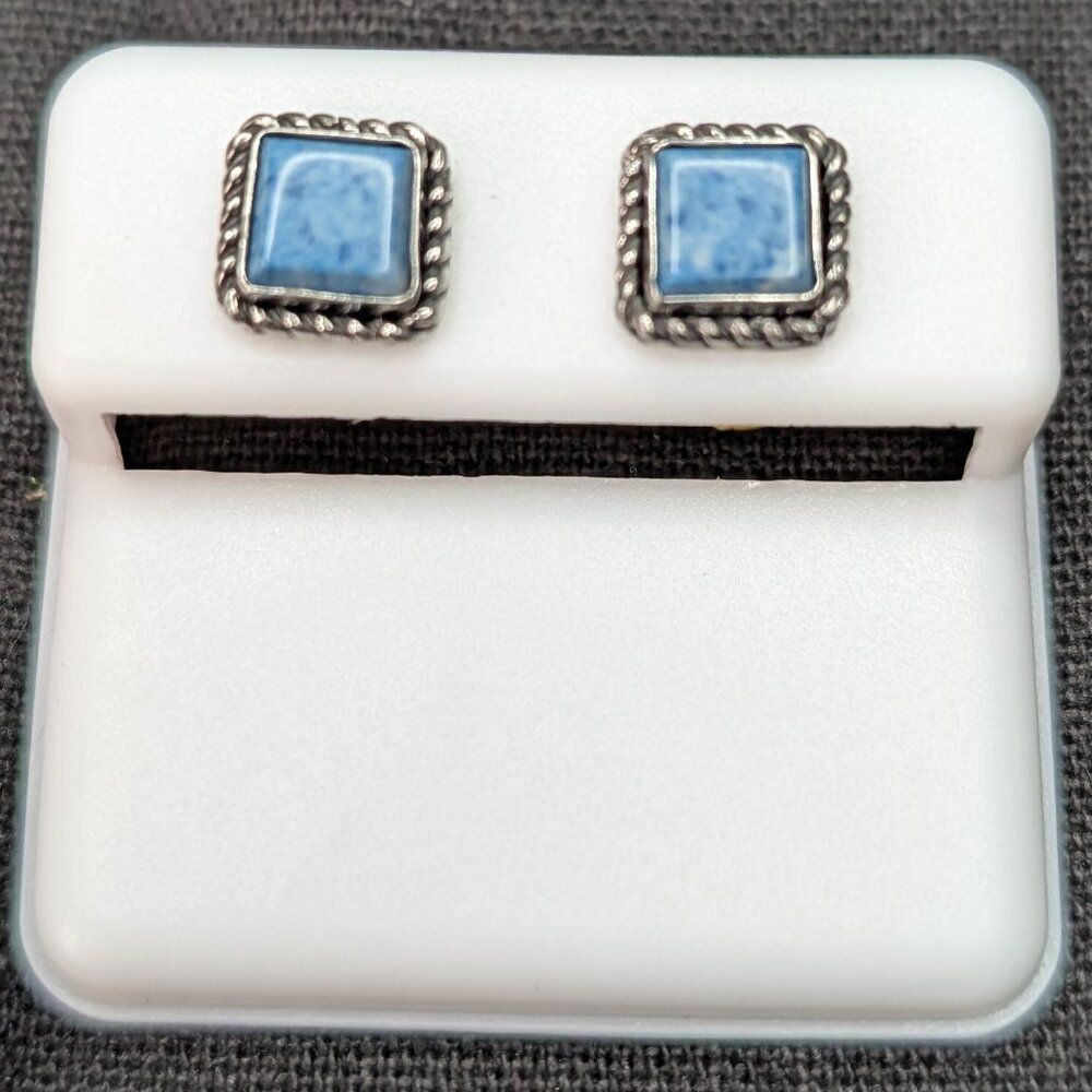 Silver and Blue Square Stud Earrings